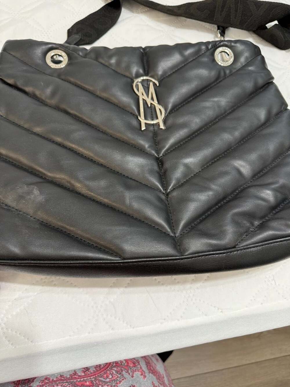 Steve Madden BBritta Black Quilted Nylon Shoulder Bag with Monogram Strap